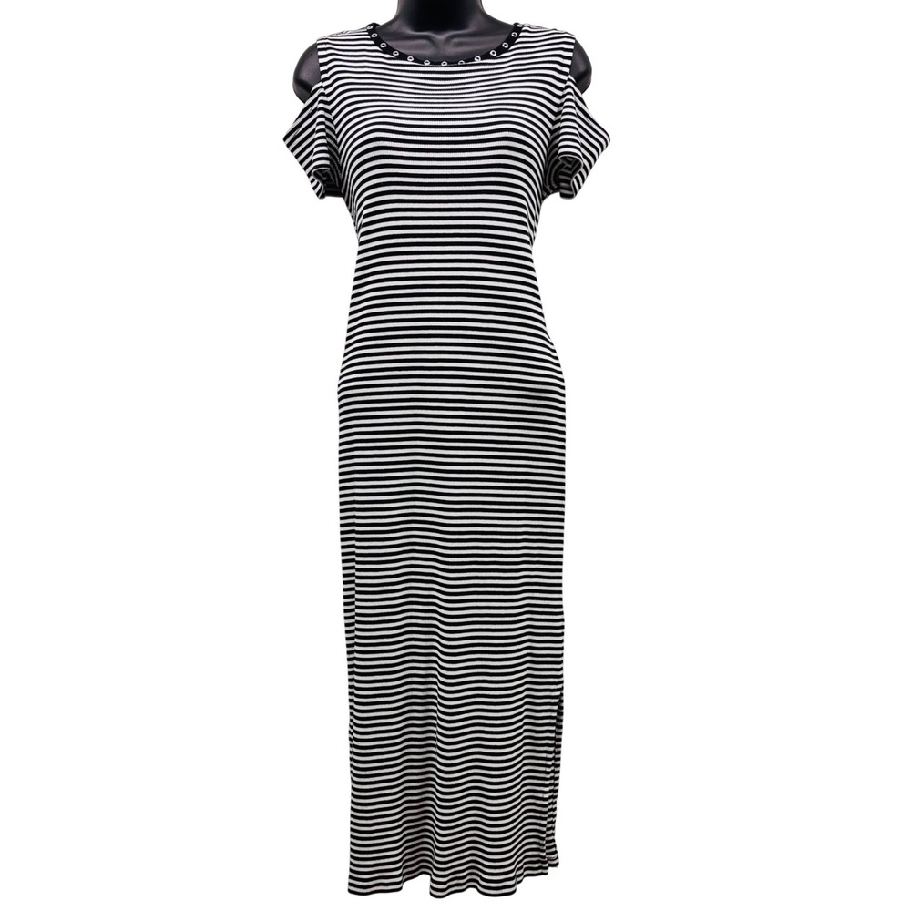 Michael Kors Striped Cold Shoulder Maxi Dress Black White Ribbed Grommet Small